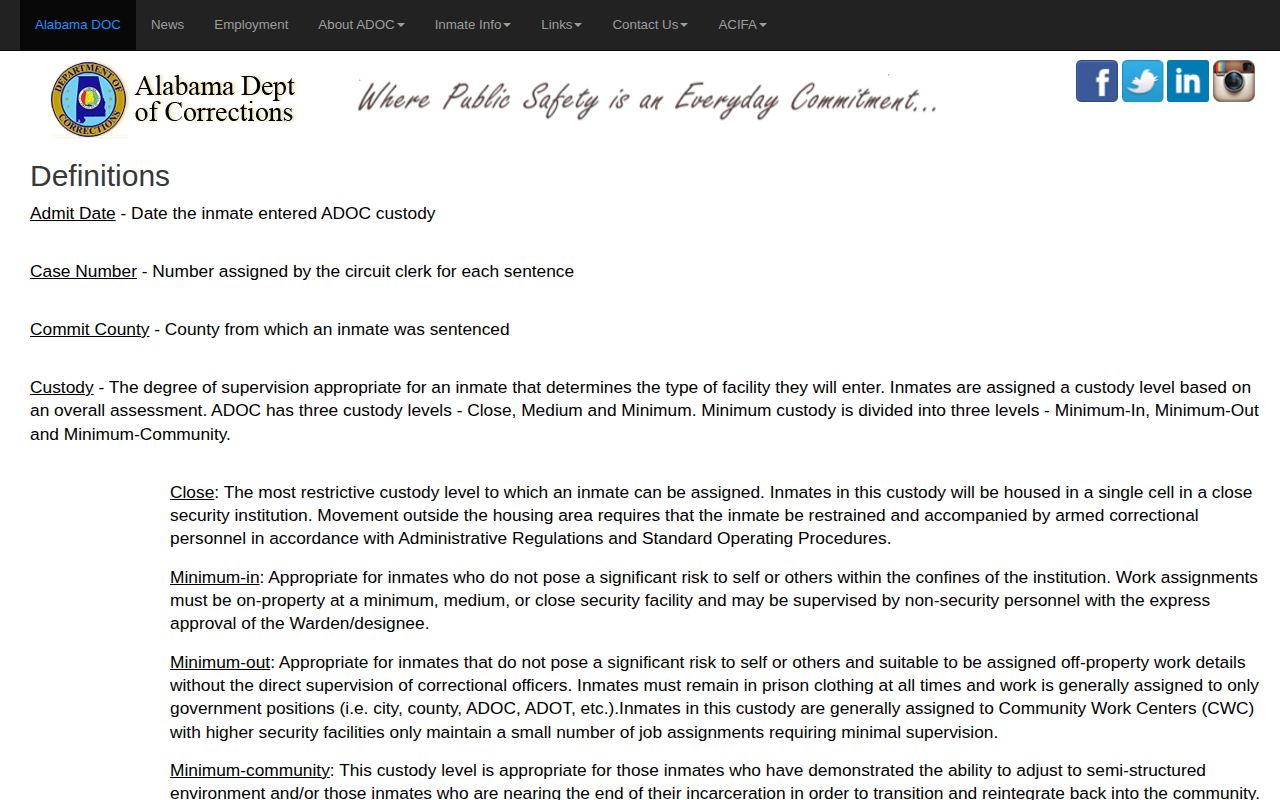 ADOC definitions for Marengo County released inmate and minimum release date fields